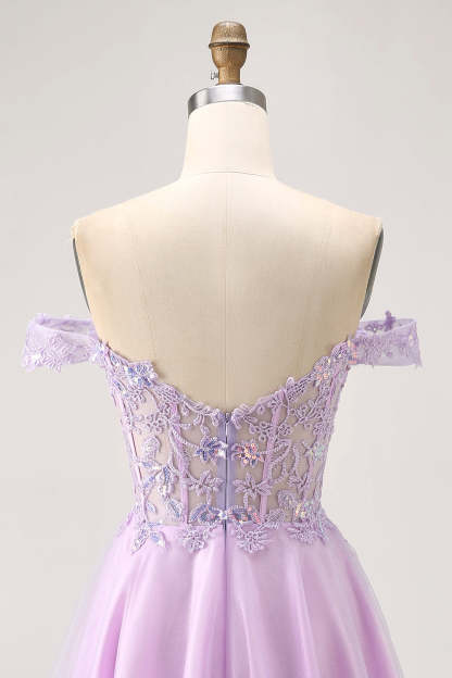 Glitter Lilac A Line Appliqued Short Corset Homecoming Dress with Sequins