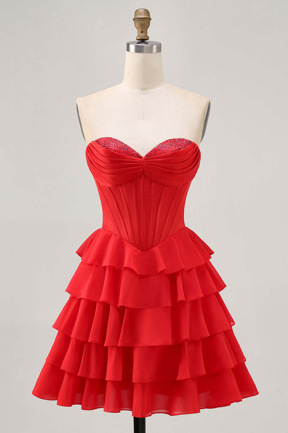 Leely Women Sparkly Red Corset Short Homecoming Dress with Beading Sweetheart Tiered A Line Cocktail Dress with Ruffles