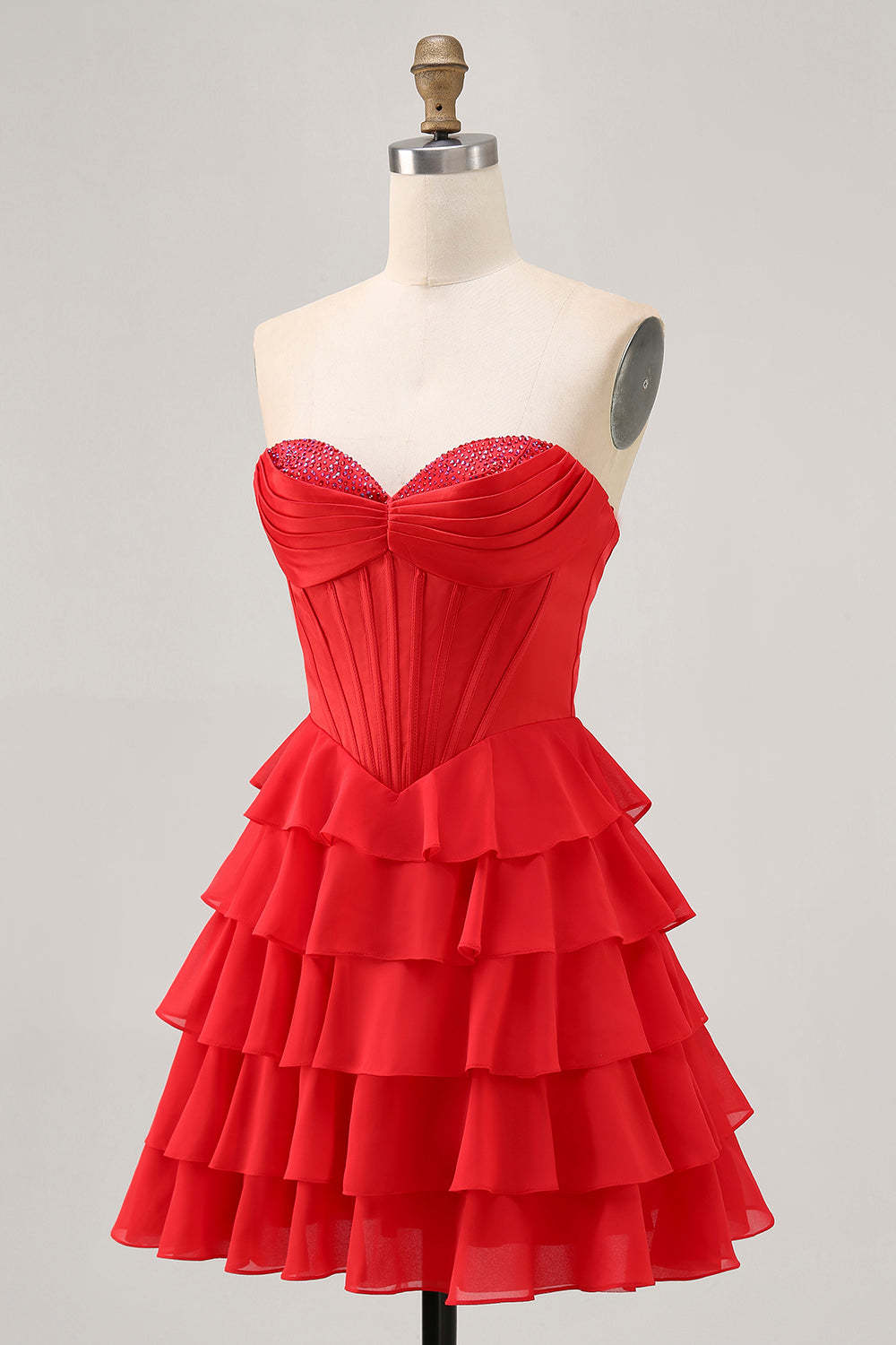 Red Corset Tiered Short Homecoming Dress with Beading