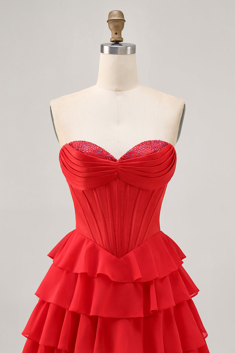 Red Corset Tiered Short Homecoming Dress with Beading