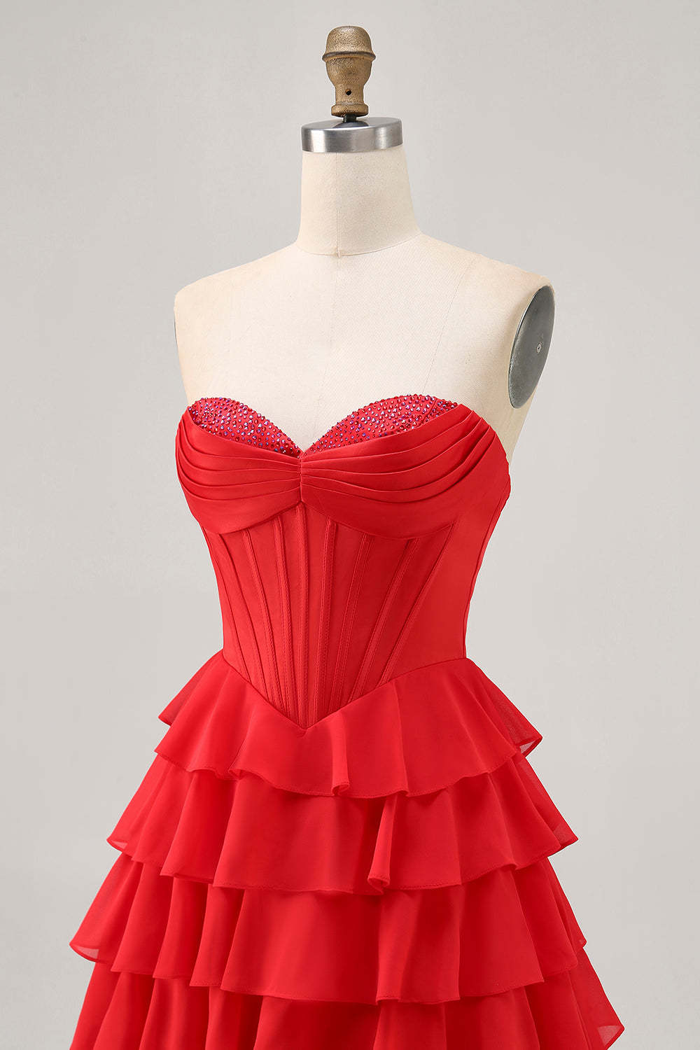 Red Corset Tiered Short Homecoming Dress with Beading