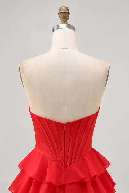 Red Corset Tiered Short Homecoming Dress with Beading