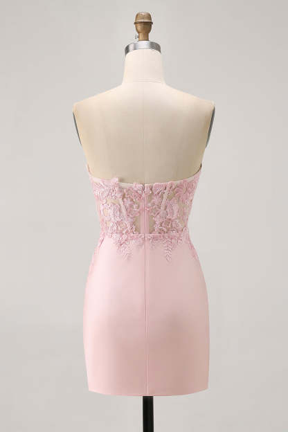 Corset Tight Satin Blush Floral Short Homecoming Dress with Lace