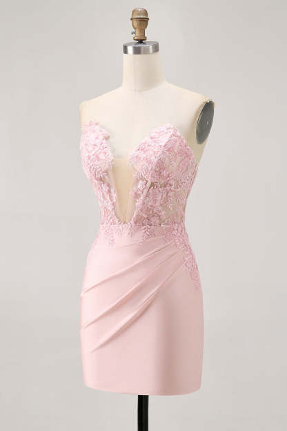 Corset Tight Satin Blush Floral Short Homecoming Dress with Lace