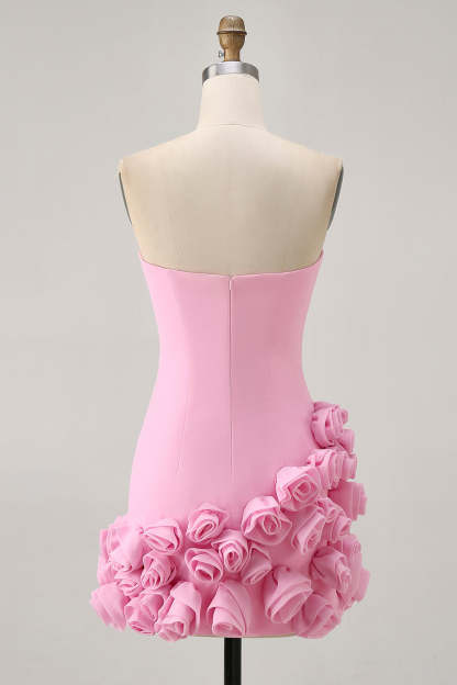 Pink Strapless Satin 3D Flowers Tight Short Homecoming Dress