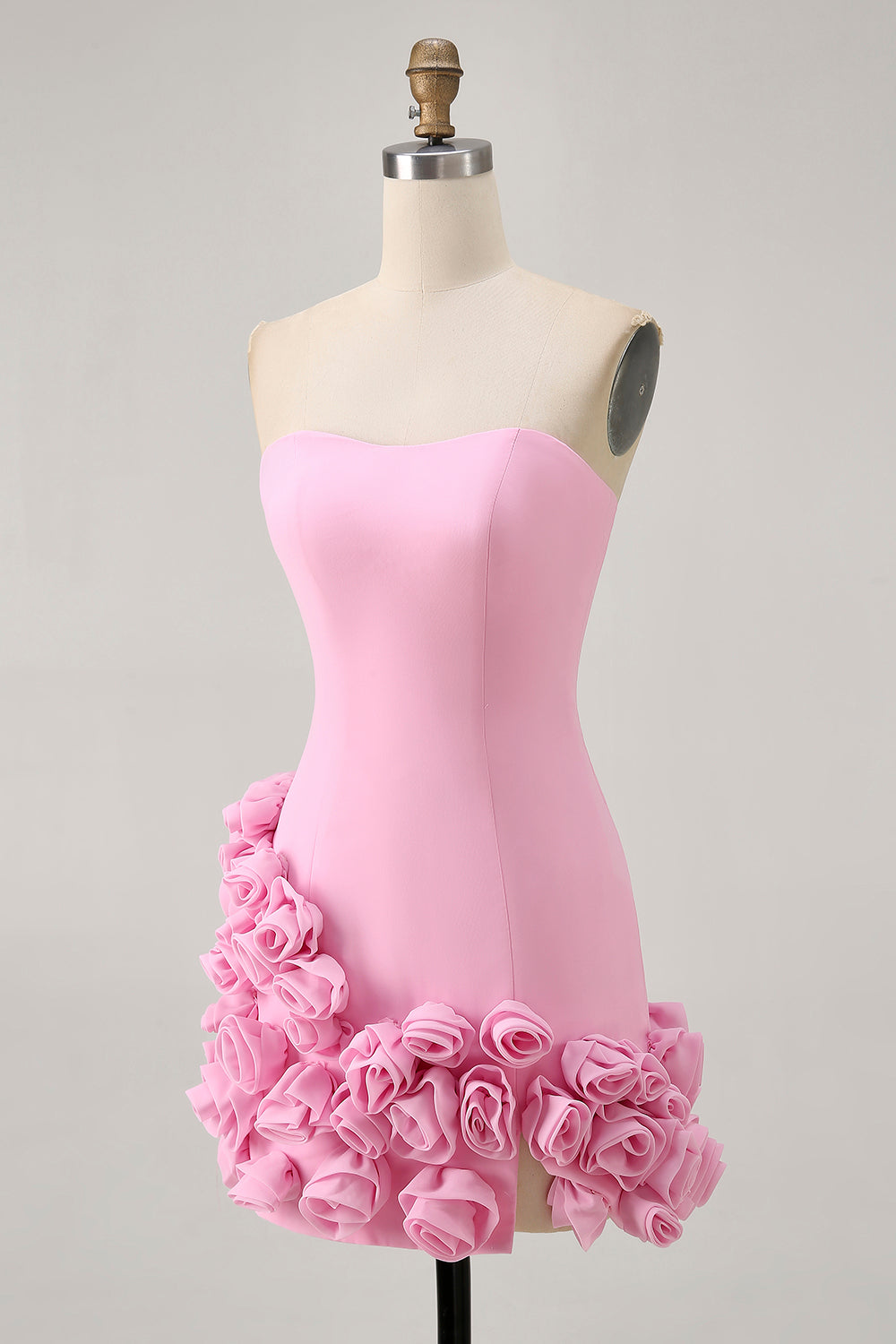 Pink Strapless Satin 3D Flowers Tight Short Homecoming Dress