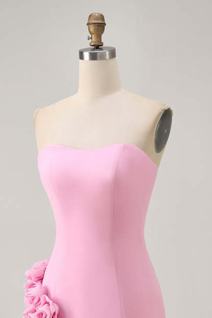 Pink Strapless Satin 3D Flowers Tight Short Homecoming Dress