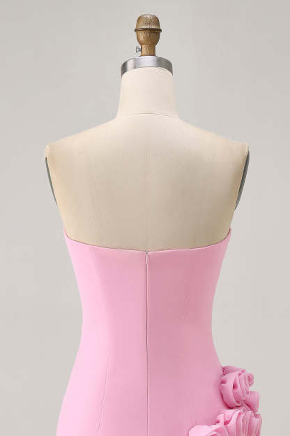 Pink Strapless Satin 3D Flowers Tight Short Homecoming Dress