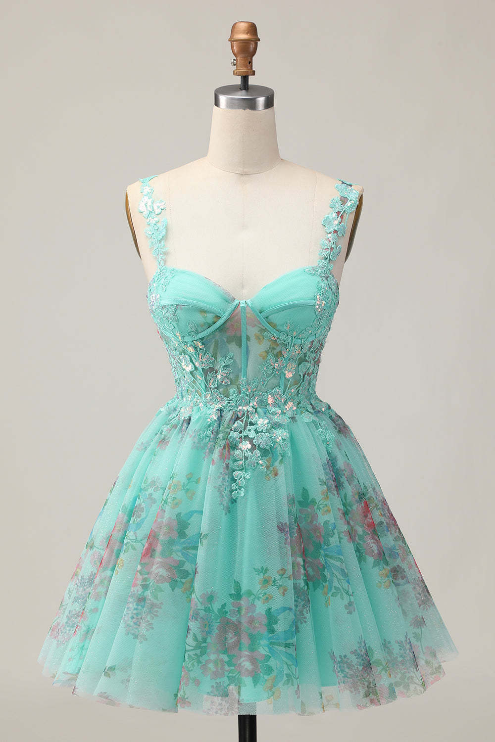 Leely Women Sparkly Green Floral Corset Short Homecoming Dress with Sequins A Line Appliqued Spaghetti Straps Lace Up Back Cocktail Dress