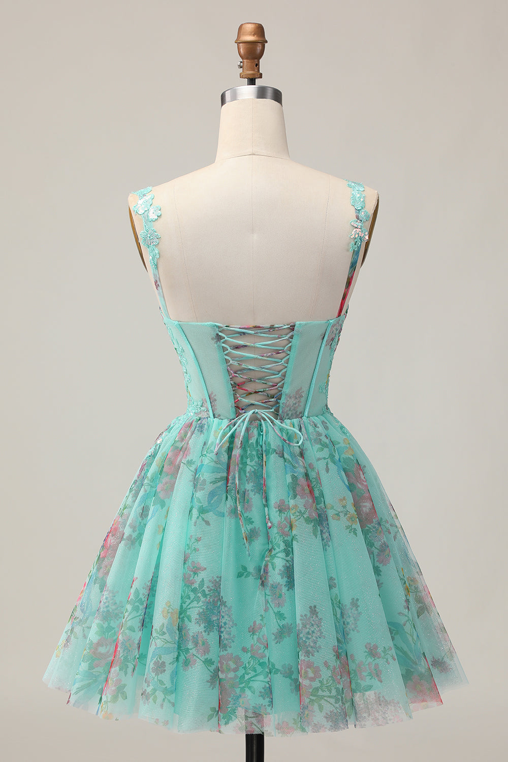 Sparkly Green Corset Floral A Line Appliqued Short Homecoming Dress with Sequins