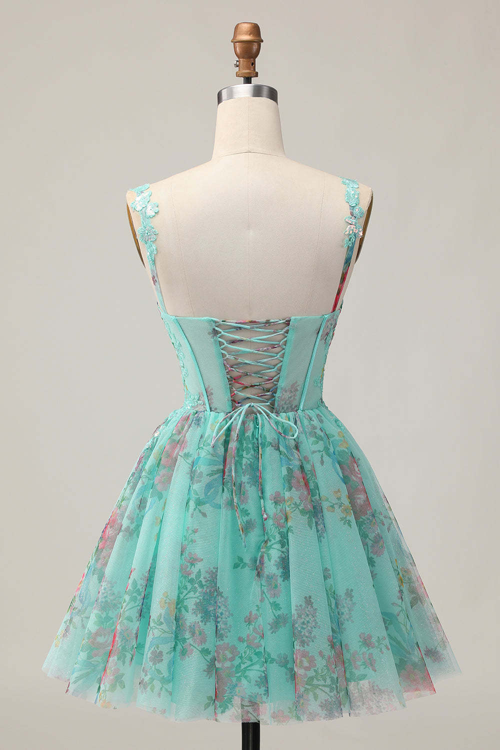 Sparkly Green Corset Floral A Line Appliqued Short Homecoming Dress with Sequins