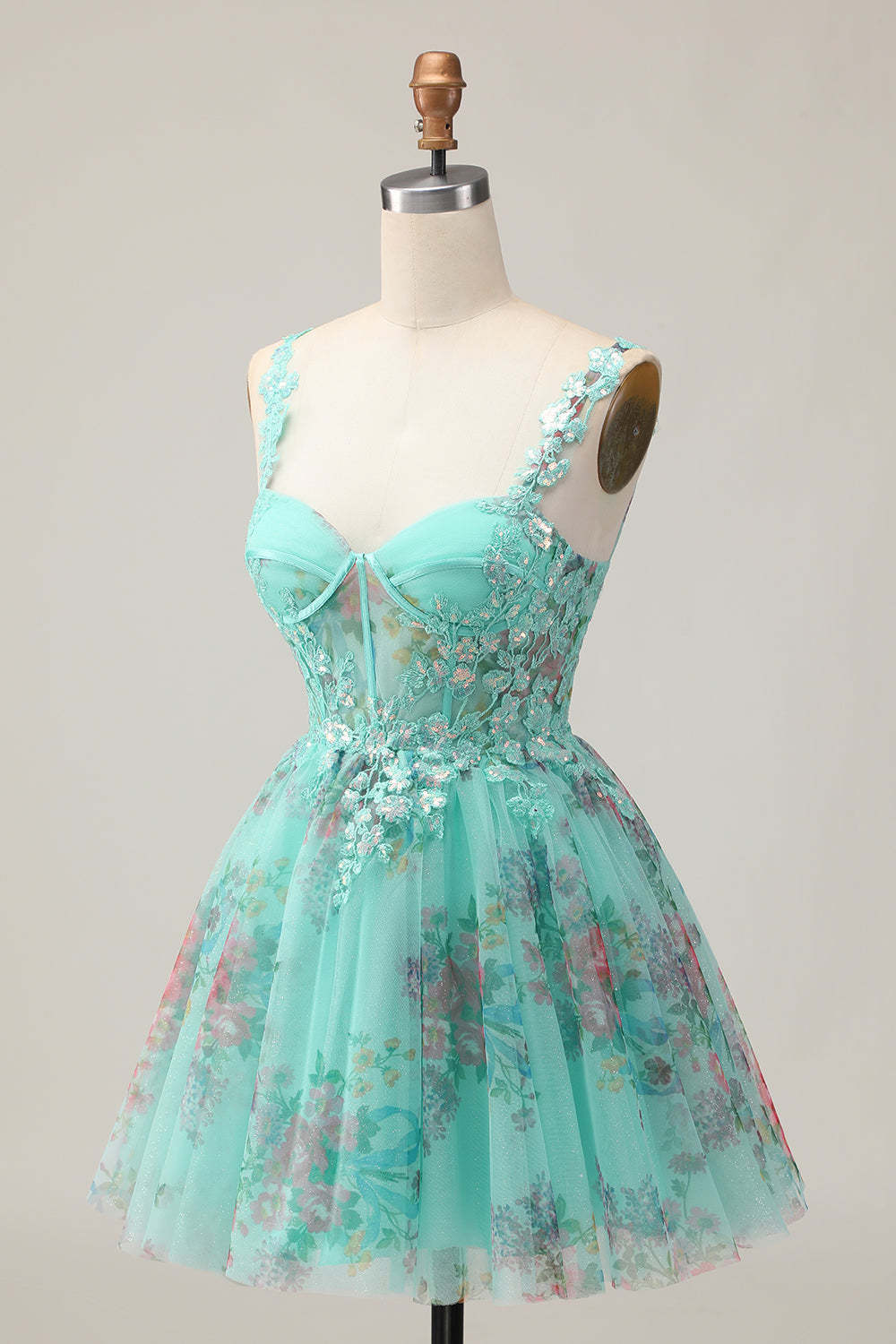 Sparkly Green Corset Floral A Line Appliqued Short Homecoming Dress with Sequins