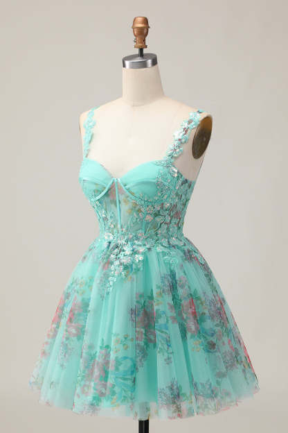 Sparkly Green Corset Floral A Line Appliqued Short Homecoming Dress with Sequins