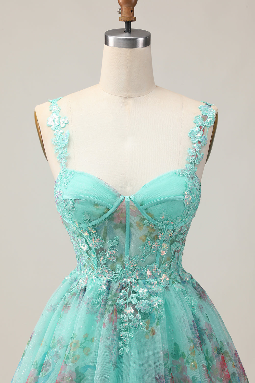Sparkly Green Corset Floral A Line Appliqued Short Homecoming Dress with Sequins