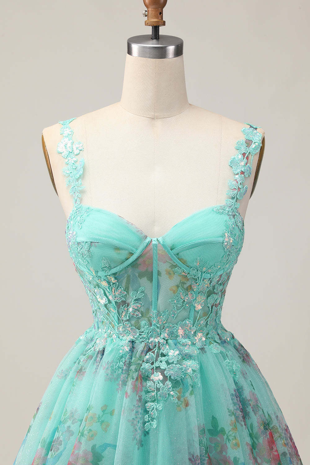 Sparkly Green Corset Floral A Line Appliqued Short Homecoming Dress with Sequins