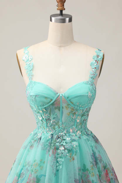 Sparkly Green Corset Floral A Line Appliqued Short Homecoming Dress with Sequins