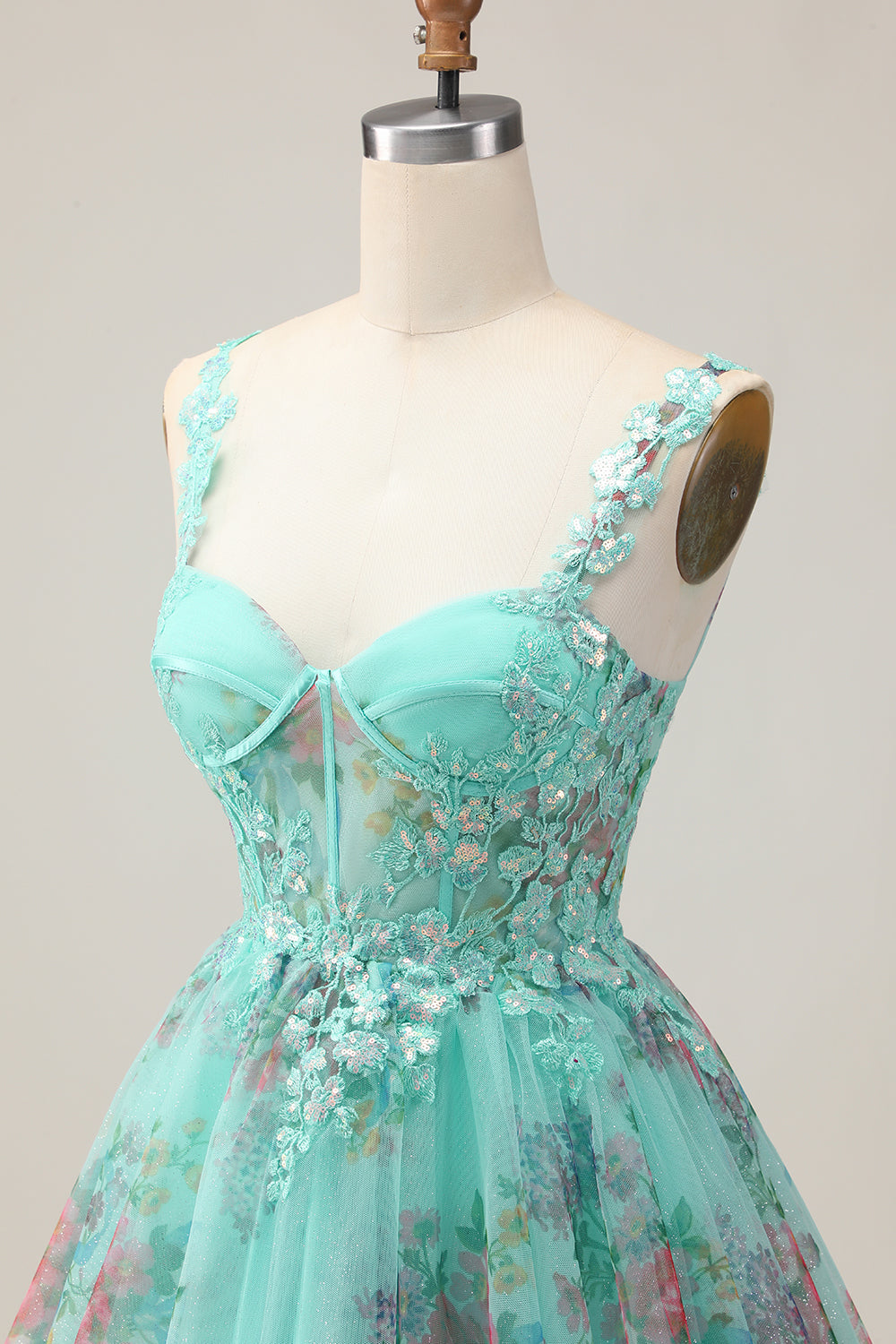 Sparkly Green Corset Floral A Line Appliqued Short Homecoming Dress with Sequins