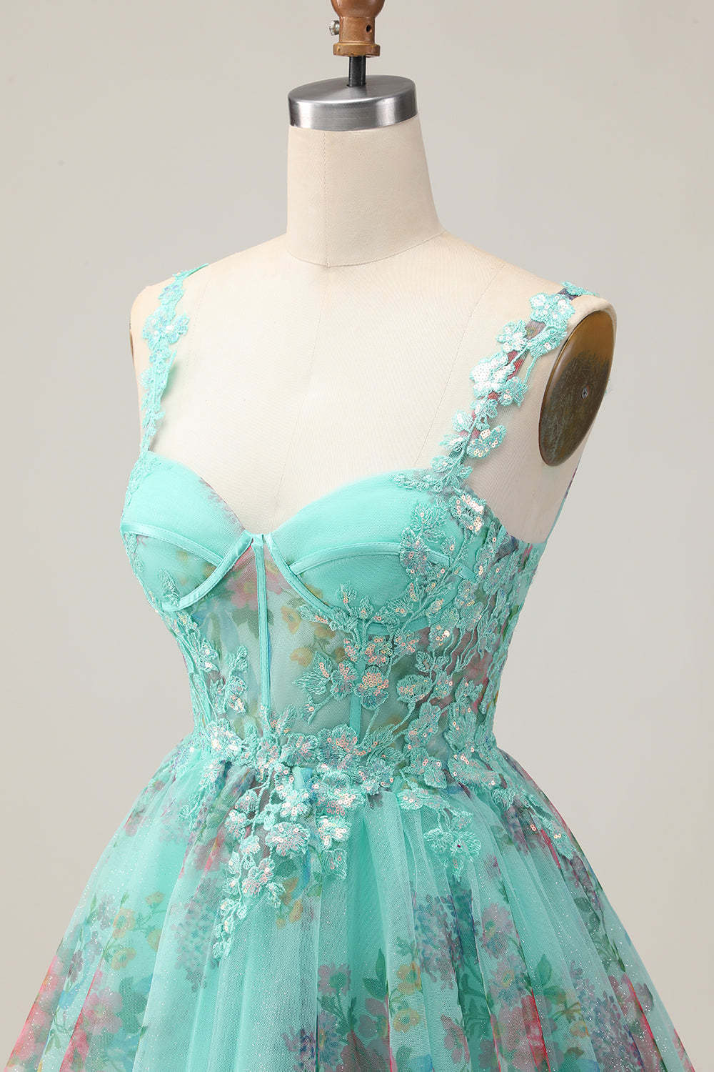 Sparkly Green Corset Floral A Line Appliqued Short Homecoming Dress with Sequins