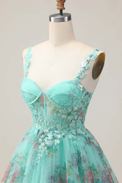 Sparkly Green Corset Floral A Line Appliqued Short Homecoming Dress with Sequins