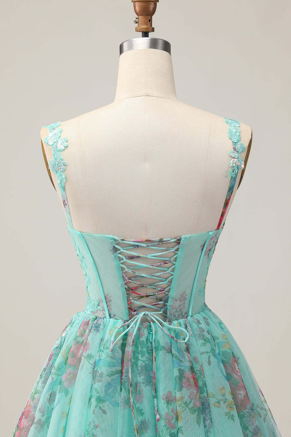 Sparkly Green Corset Floral A Line Appliqued Short Homecoming Dress with Sequins