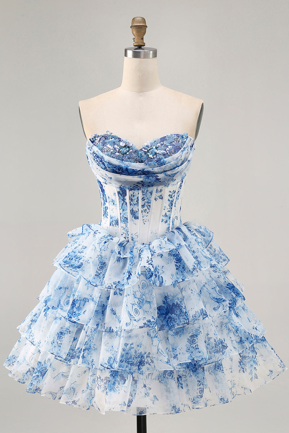 White Blue Flower Corset Tiered A Line Short Homecoming Dress with Ruffles