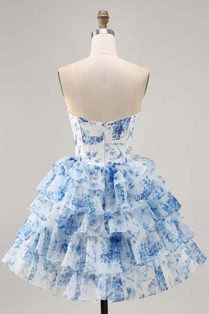 White Blue Flower Corset Tiered A Line Short Homecoming Dress with Ruffles