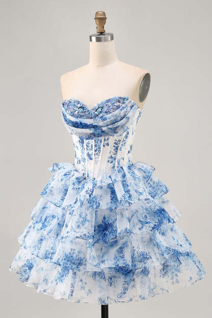 White Blue Flower Corset Tiered A Line Short Homecoming Dress with Ruffles
