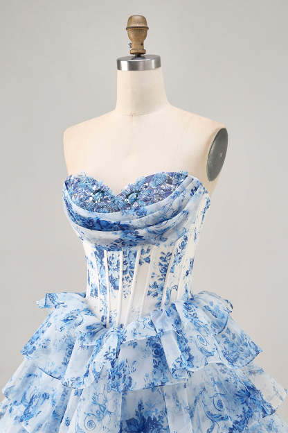 White Blue Flower Corset Tiered A Line Short Homecoming Dress with Ruffles