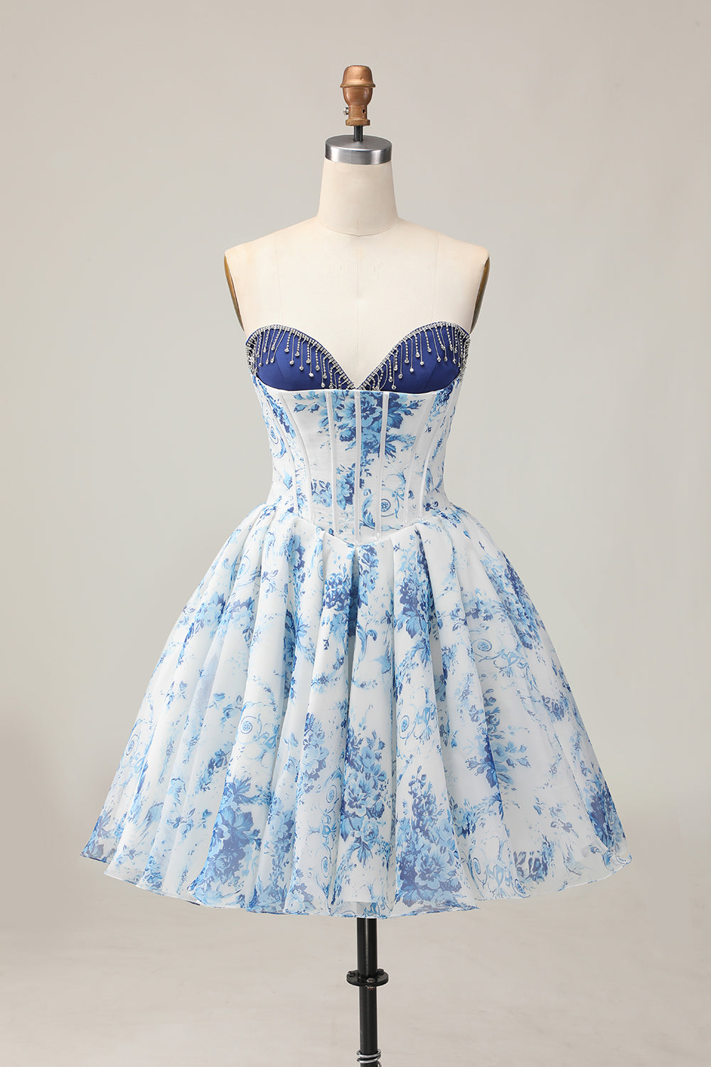 Sweetheart White and Blue Floral Corset Short Homecoming Dress with Beading