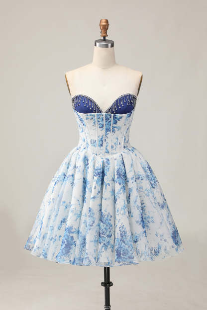 Leely Women White and Blue Floral Corset Short Homecoming Dress with Fringes A Line Sweetheart Cocktail Dress with Beading