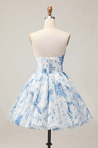 Sweetheart White and Blue Floral Corset Short Homecoming Dress with Beading