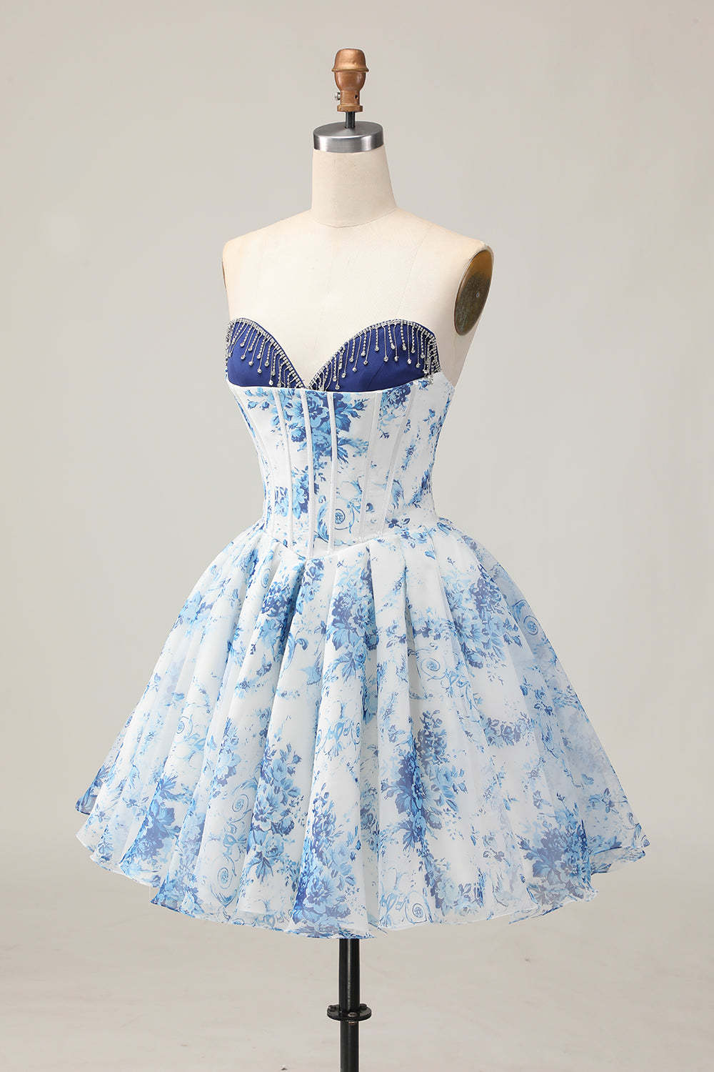 Sweetheart White and Blue Floral Corset Short Homecoming Dress with Beading