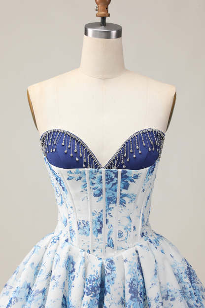 Sweetheart White and Blue Floral Corset Short Homecoming Dress with Beading