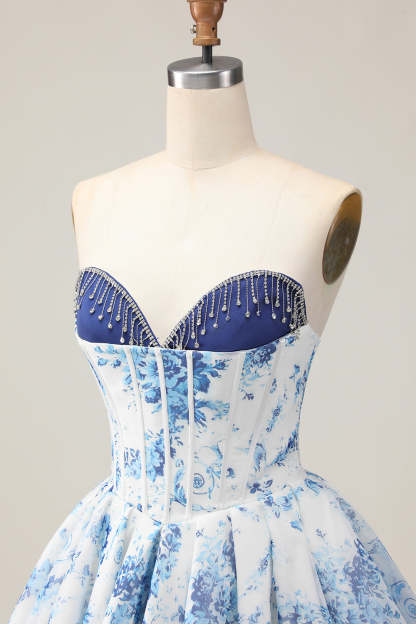 Sweetheart White and Blue Floral Corset Short Homecoming Dress with Beading