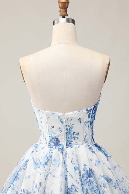 Sweetheart White and Blue Floral Corset Short Homecoming Dress with Beading