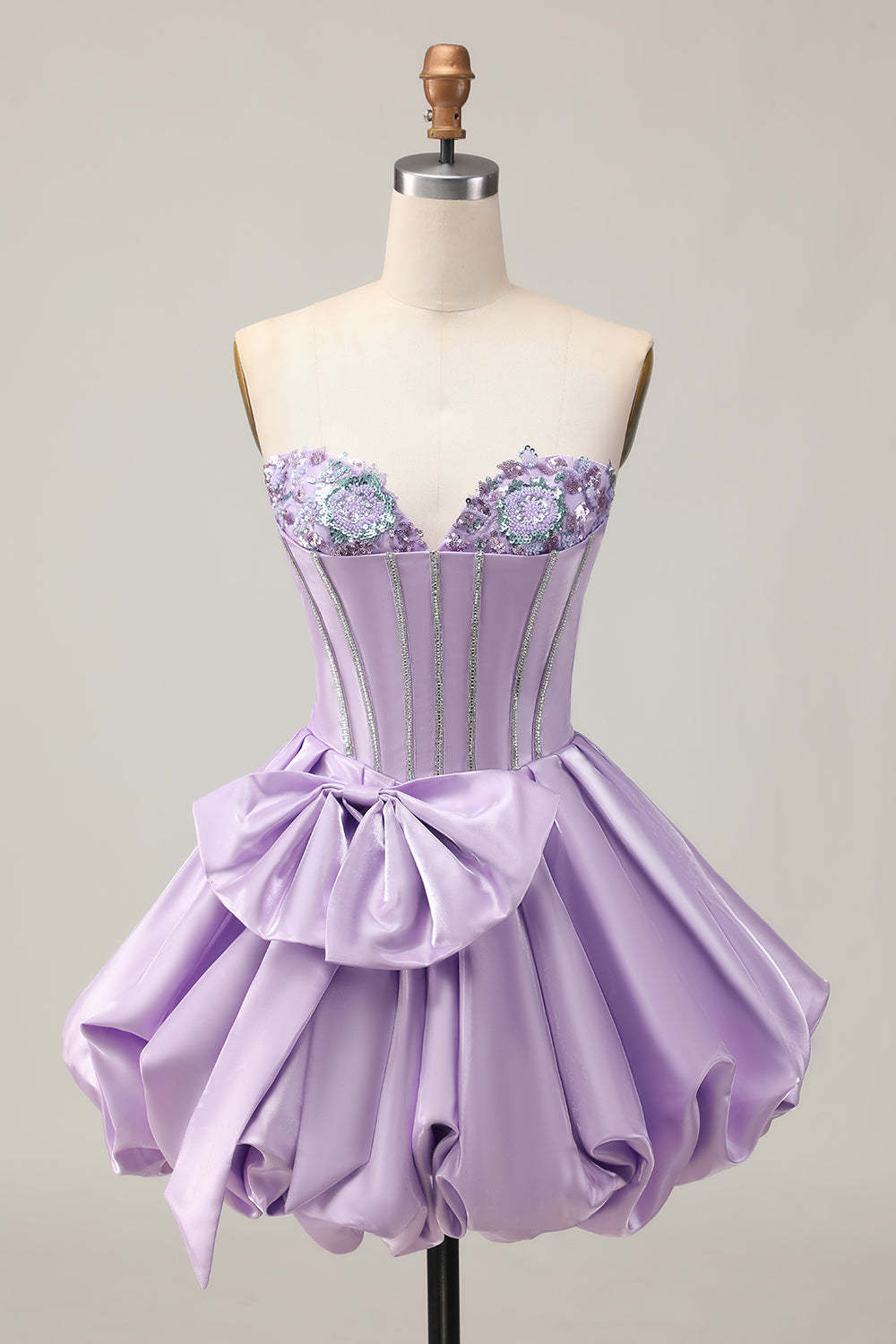 Leely Women Sparkly Purple Corset Short Homecoming Dress with Sequins Satin A Line Beaded Sweetheart Cocktail Dress with Bow