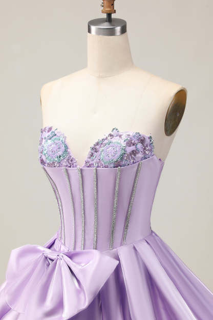 Purple Corset Beaded Sweetheart Sparkly Short Homecoming Dress with Bow