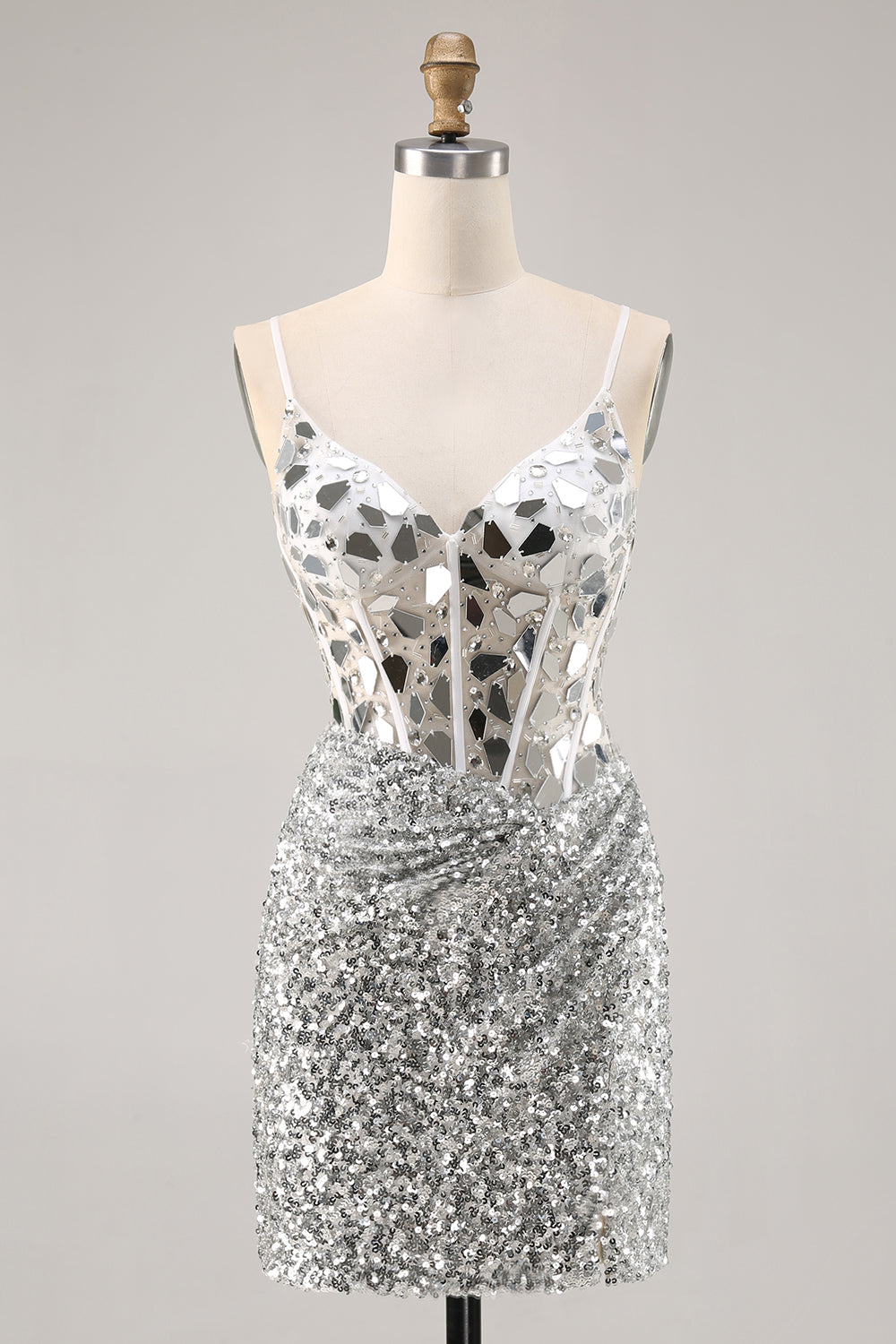 Leely Women Sparkly Silver Sequins Corset Homecoming Dress with Mirror V-Neck Tight Short Cocktail Dress