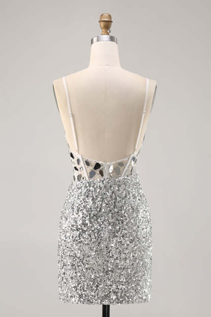 Sparkly Silver Sequins Corset Mini Homecoming Dress with Mirror