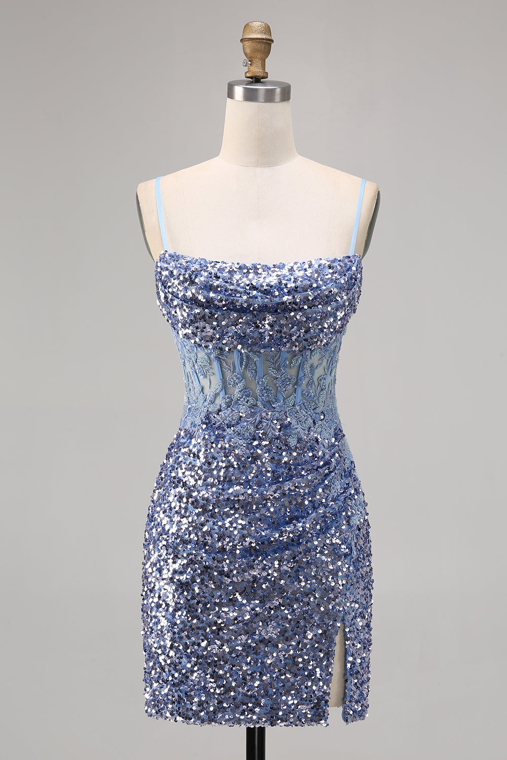 Sparkly Grey Blue Corset Sequins Tight Mini Homecoming Dress with Slit