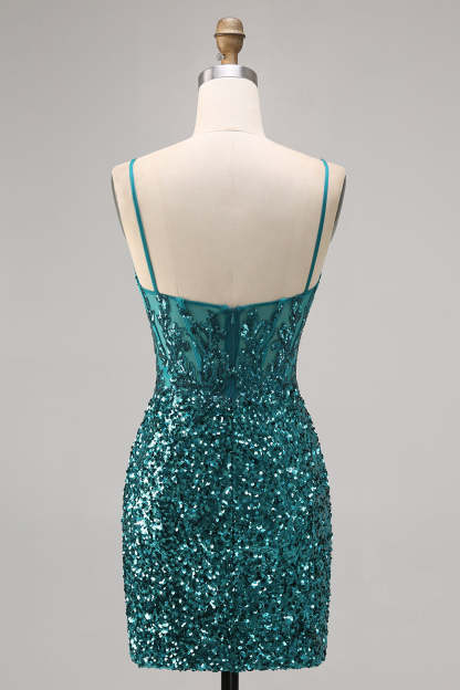 Sparkly Peacock Green Sequins Spaghetti Straps Mini Homecoming Dress