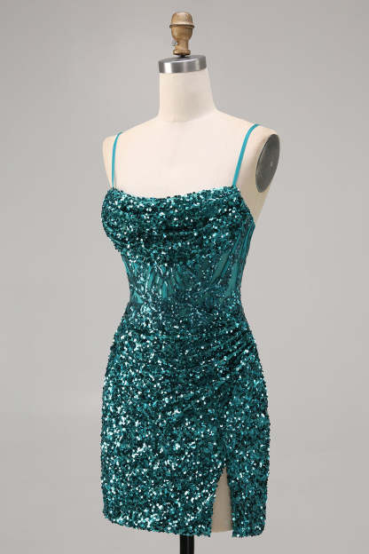 Sparkly Peacock Green Sequins Spaghetti Straps Mini Homecoming Dress