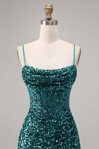 Sparkly Peacock Green Sequins Spaghetti Straps Mini Homecoming Dress