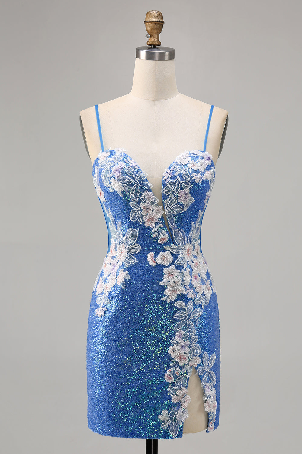 Sparkly Blue Spaghetti Straps Beaded Floral Mini Homecoming Dress with Slit