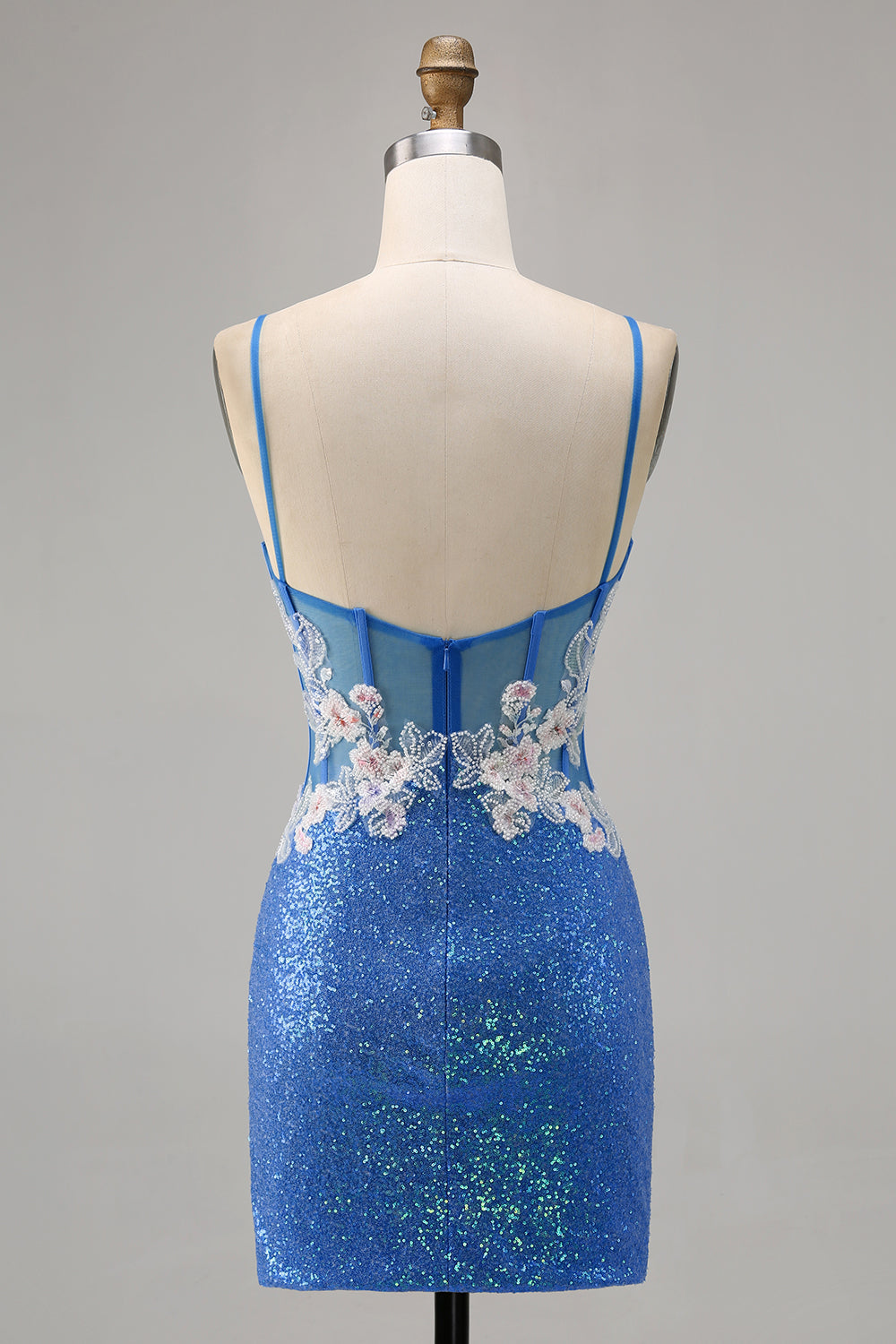 Sparkly Blue Spaghetti Straps Beaded Floral Mini Homecoming Dress with Slit