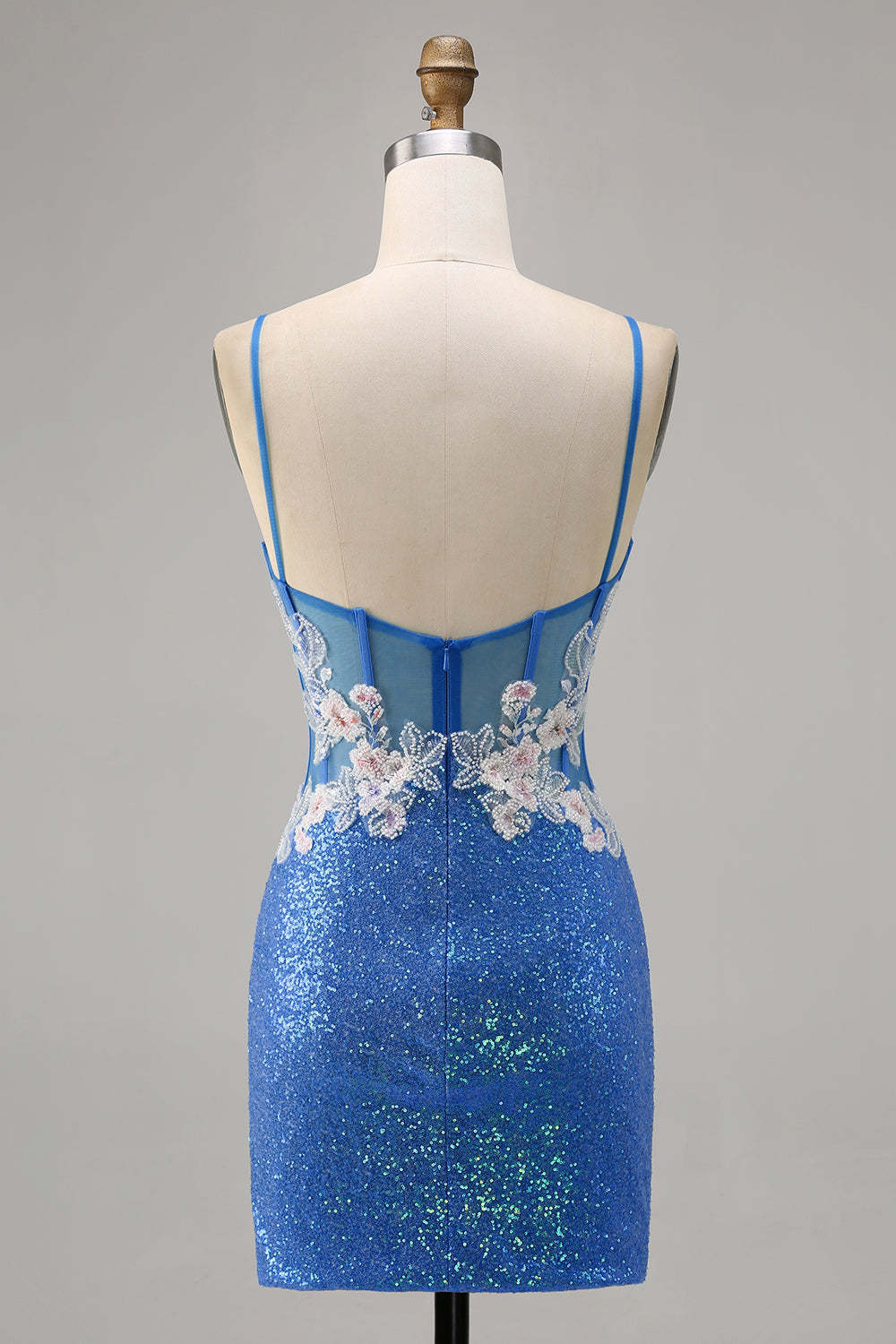Sparkly Blue Spaghetti Straps Beaded Floral Mini Homecoming Dress with Slit