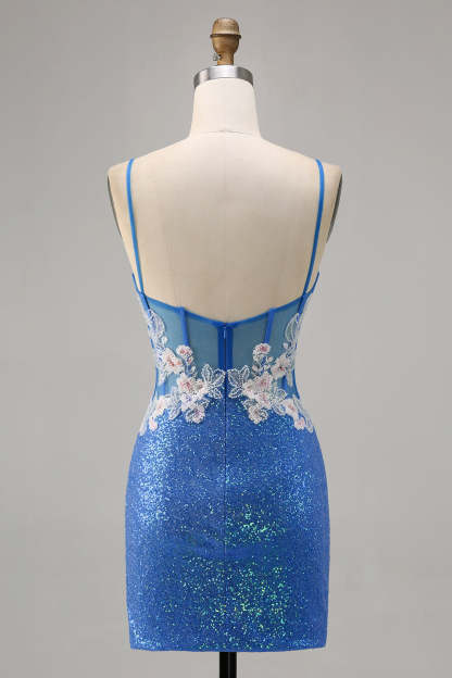 Sparkly Blue Spaghetti Straps Beaded Floral Mini Homecoming Dress with Slit