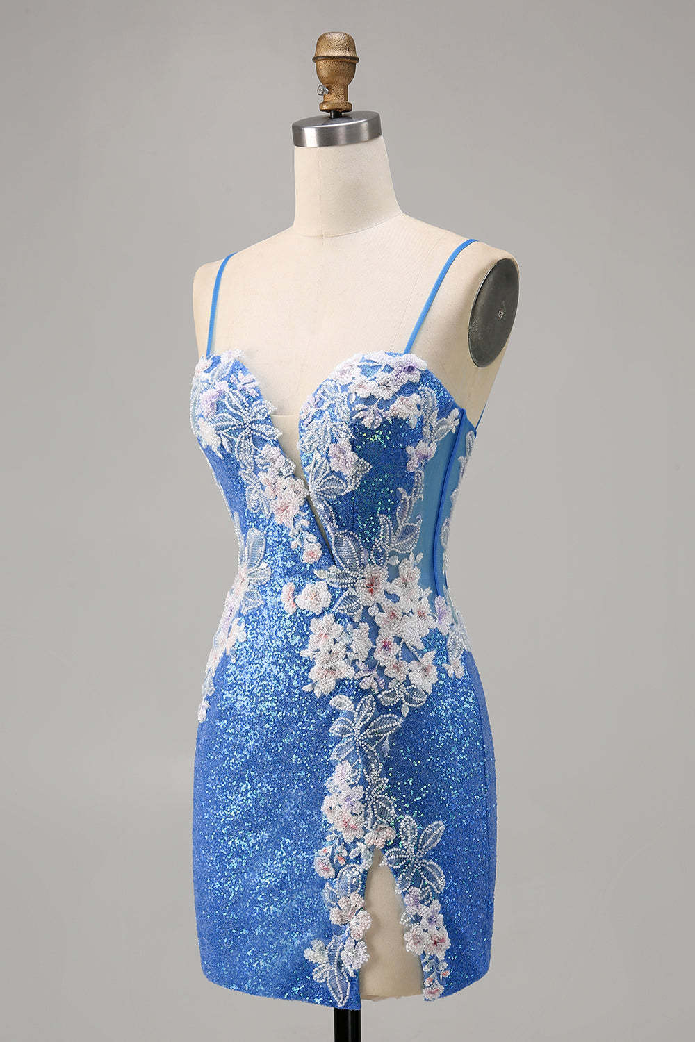 Sparkly Blue Spaghetti Straps Beaded Floral Mini Homecoming Dress with Slit