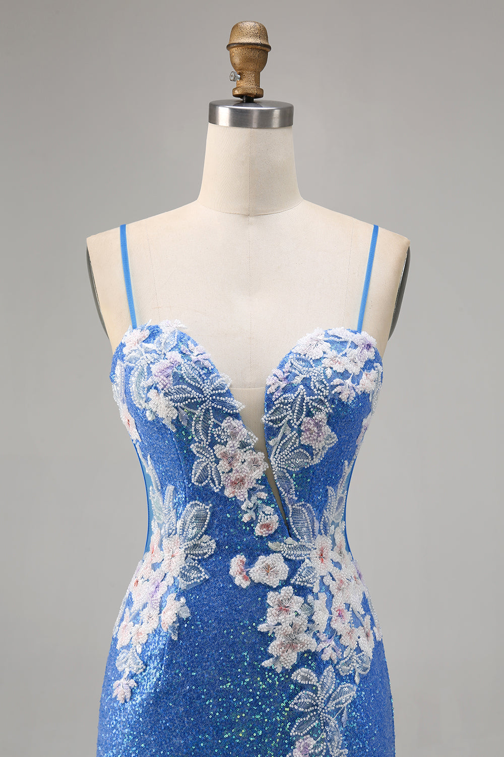 Sparkly Blue Spaghetti Straps Beaded Floral Mini Homecoming Dress with Slit