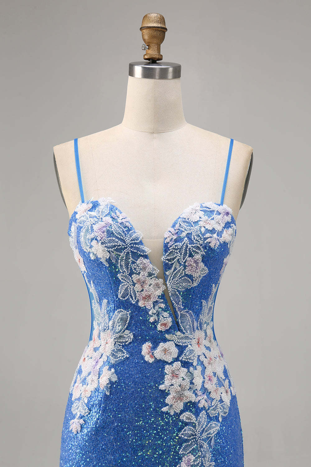 Sparkly Blue Spaghetti Straps Beaded Floral Mini Homecoming Dress with Slit